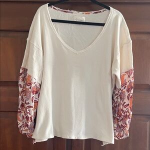 Anthropologie Cream Top with Floral Sleeves